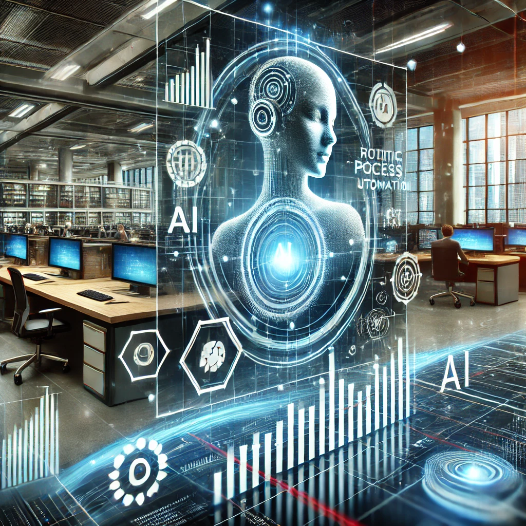 A futuristic high tech business environment where AI-powered workflows are seamlessly integrated